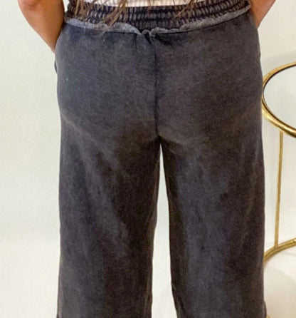 Zenana Washed French Terry Palazza Long Pants With Pockets