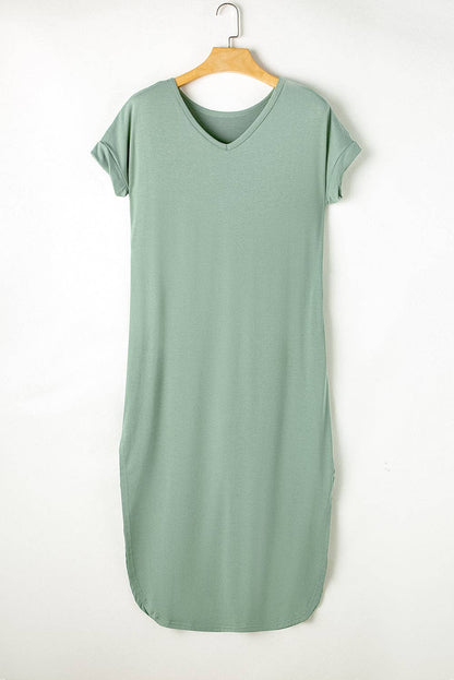 Lovesoft V Neck Hidden Pocket Splits Maxi T-shirt Dress