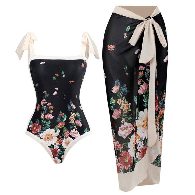 Floral Print Swimsuit Set With Skirt - 2 Piece
