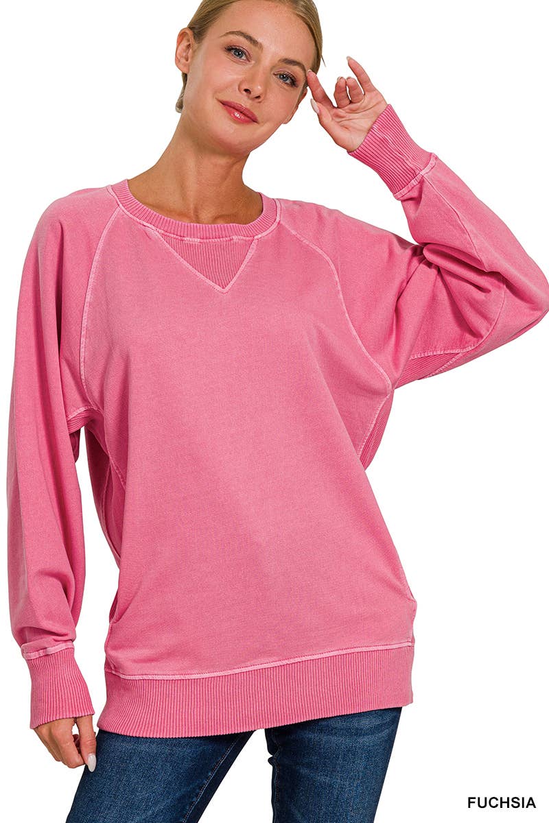 Zenana Washed French Terry Pullover With Side Pockets