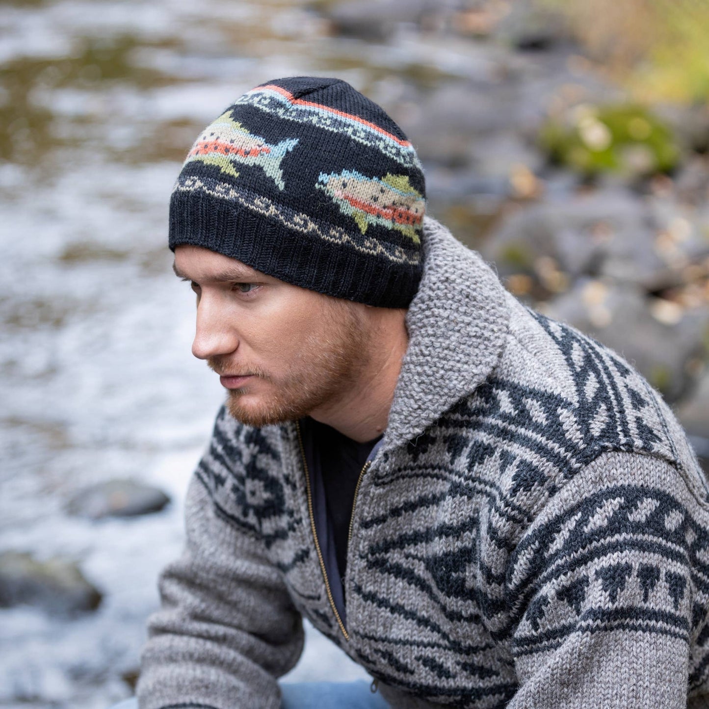 Trout Wool Beanie Hat with Fish Motif