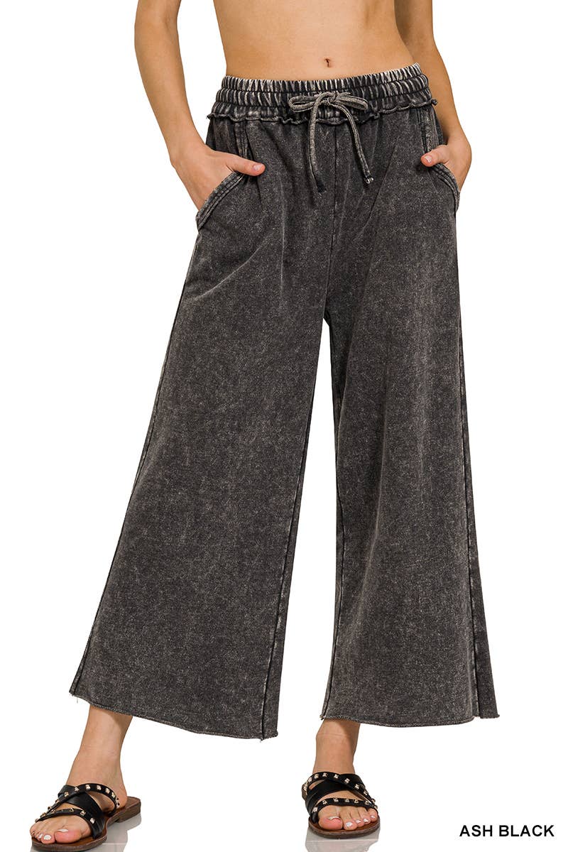 Zenana Washed French Terry Palazzo Pants With Pockets
