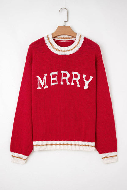 Red MERRY Drop Shoulder Holiday Knit Sweater