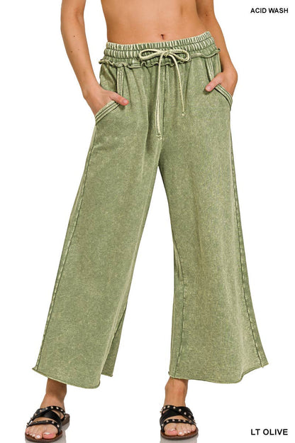 Zenana Washed French Terry Palazzo Pants With Pockets