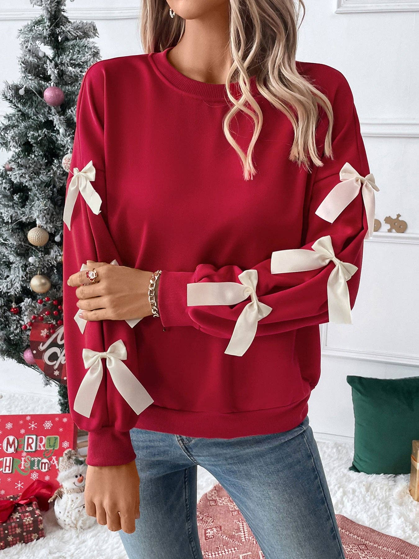 Christmas Bow Sleeve Round Neck Long Sleeve Sweatshirt