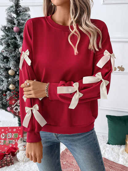Christmas Bow Sleeve Round Neck Long Sleeve Sweatshirt
