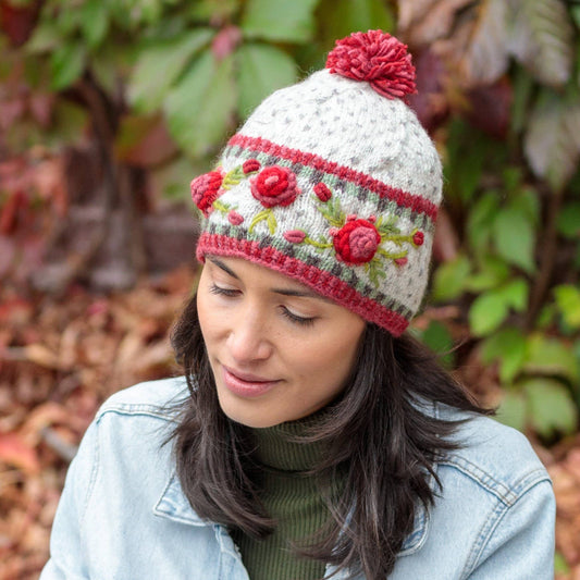 Aubrey Hand Knit Wool Beanie | Embroidered Floral Hat