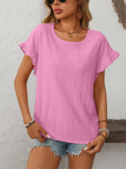 Lovesoft Solid Color Crewneck Sweet Short-Sleeve Hollow-Out Top