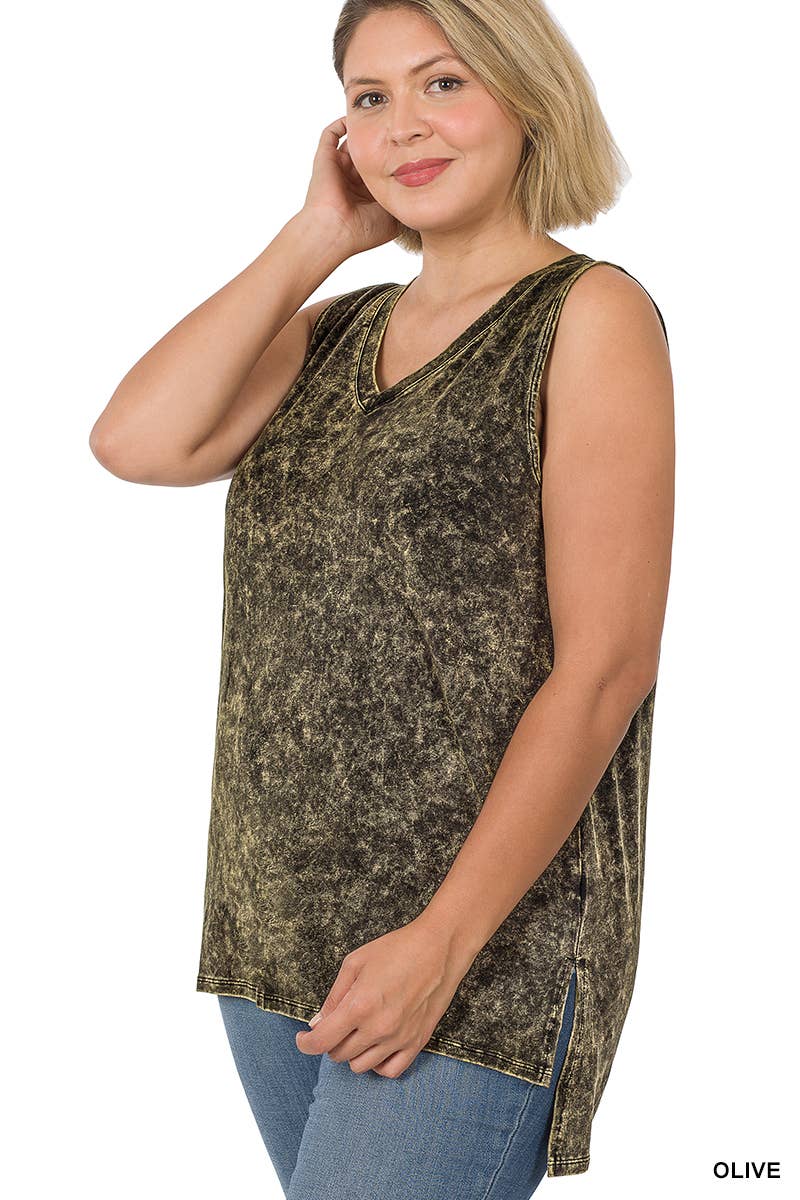 Zenana Mineral Wash Tank Top w/ side-slit Plus size