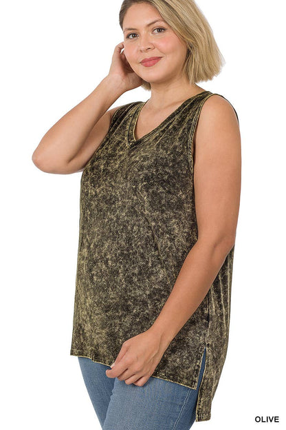 Zenana Mineral Wash Tank Top w/ side-slit Plus size