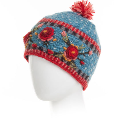 Aubrey Hand Knit Wool Beanie | Embroidered Floral Hat