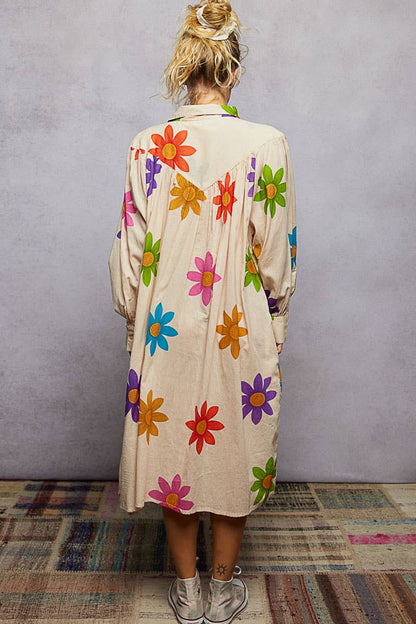 Long Sleeve Shirred Shoulder Beads Floral Print Shirt Dress