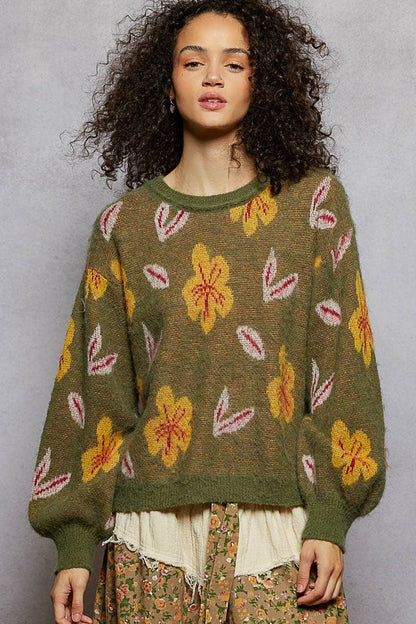 Pol Round neck balloon sleeve floral mohair sweater top