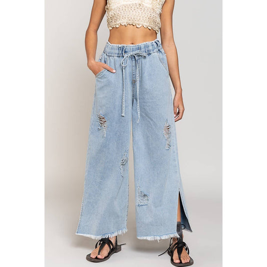 Pol Wide Leg Drawstring Elastic Waist Distressed Denim Pants