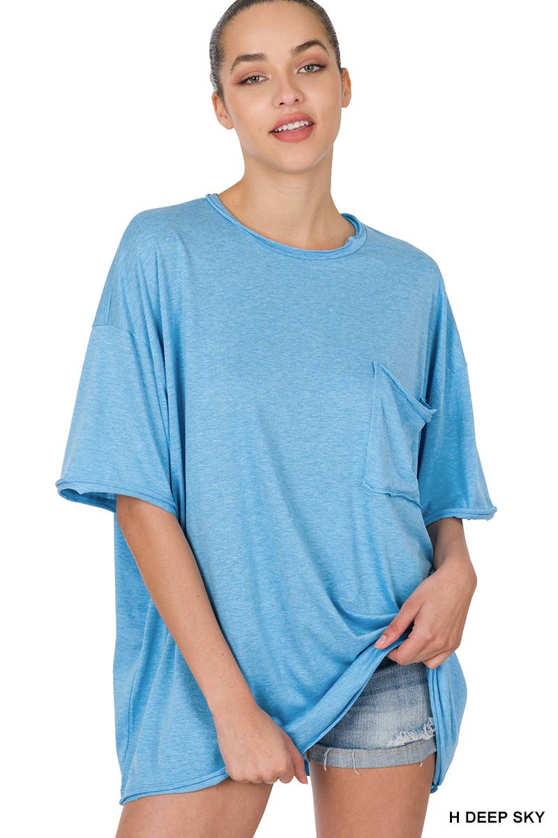 Zenana Oversized Front pocket raw edge tee