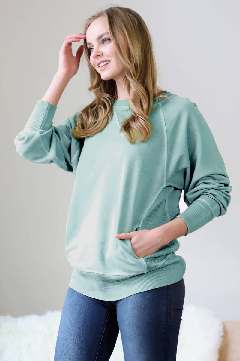 Zenana Washed French Terry Pullover With Side Pockets