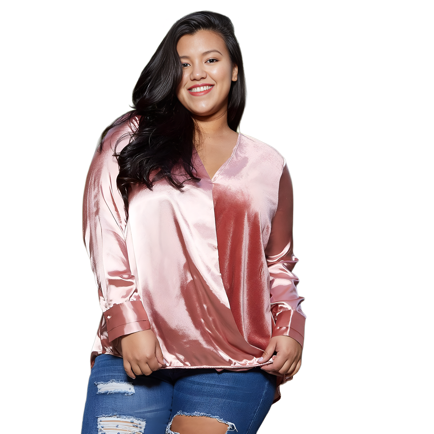 Pleione Plus Size Women's Charmeuse Contrast Cross Front Blouse