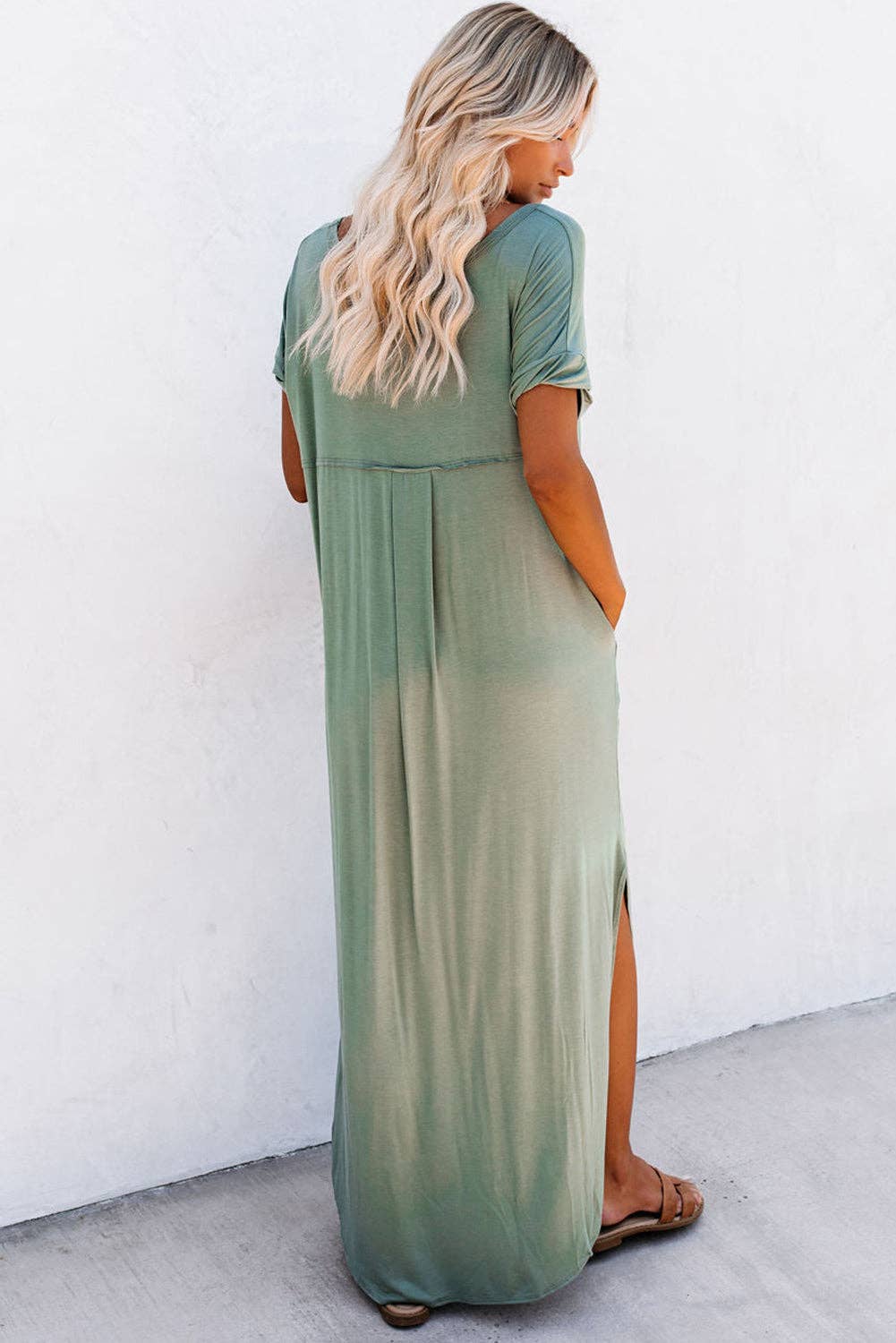 Lovesoft V Neck Hidden Pocket Splits Maxi T-shirt Dress