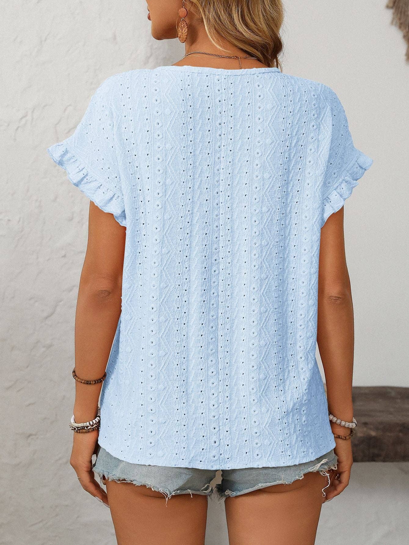 Lovesoft Solid Color Crewneck Sweet Short-Sleeve Hollow-Out Top