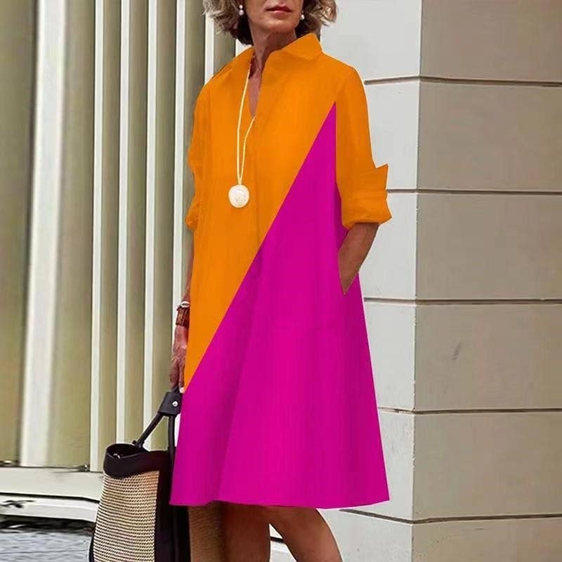 Simple And Elegant 2 Tone Long Sleeve Midi Dress