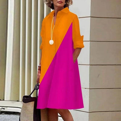 Simple And Elegant 2 Tone Long Sleeve Midi Dress