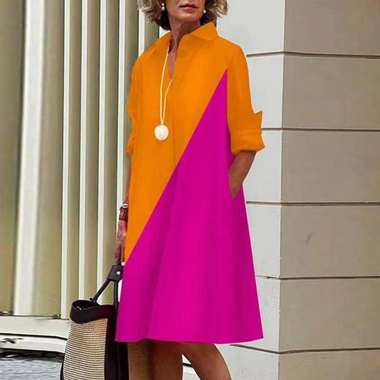 Simple And Elegant 2 Tone Long Sleeve Midi Dress