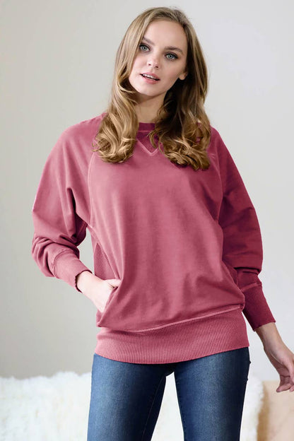 Zenana Washed French Terry Pullover With Side Pockets