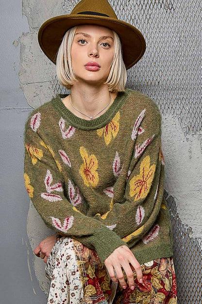 Pol Round neck balloon sleeve floral mohair sweater top