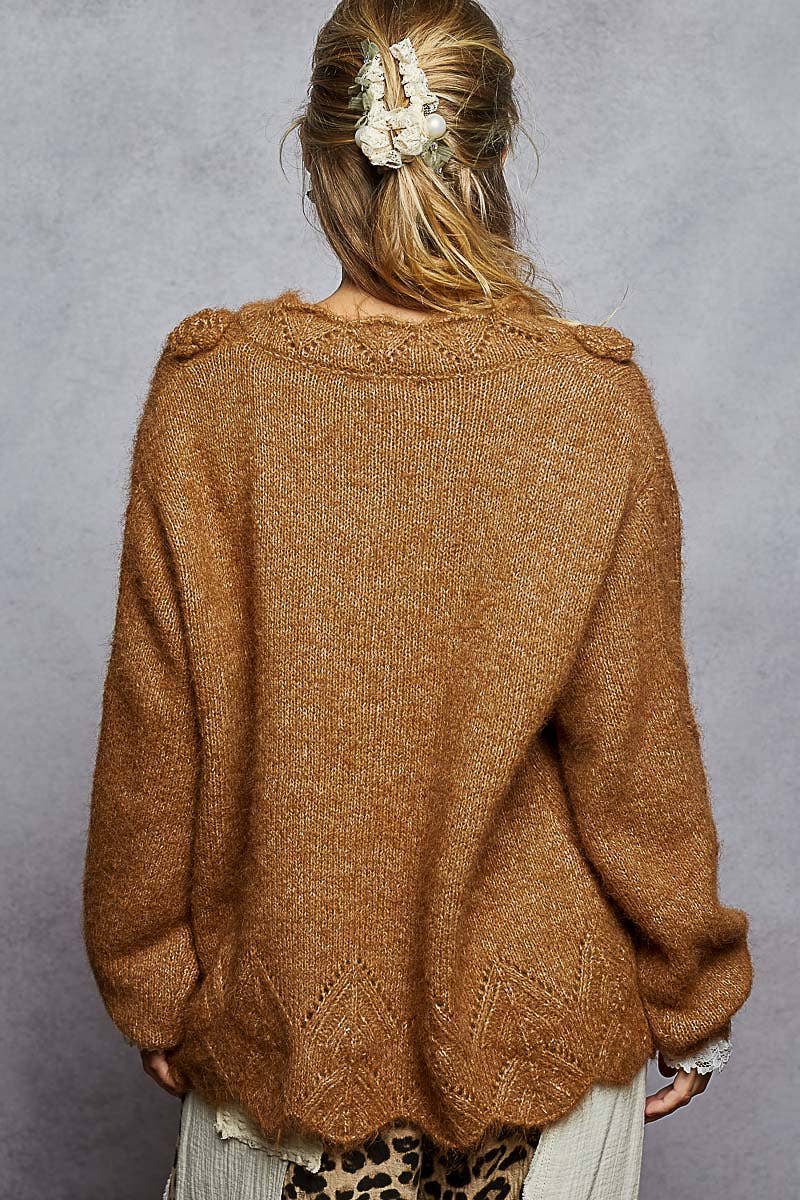 Pol V neck Lace Sleeve Flower 3D Patch Ruffle Solid Sweater