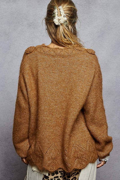 Pol V neck Lace Sleeve Flower 3D Patch Ruffle Solid Sweater