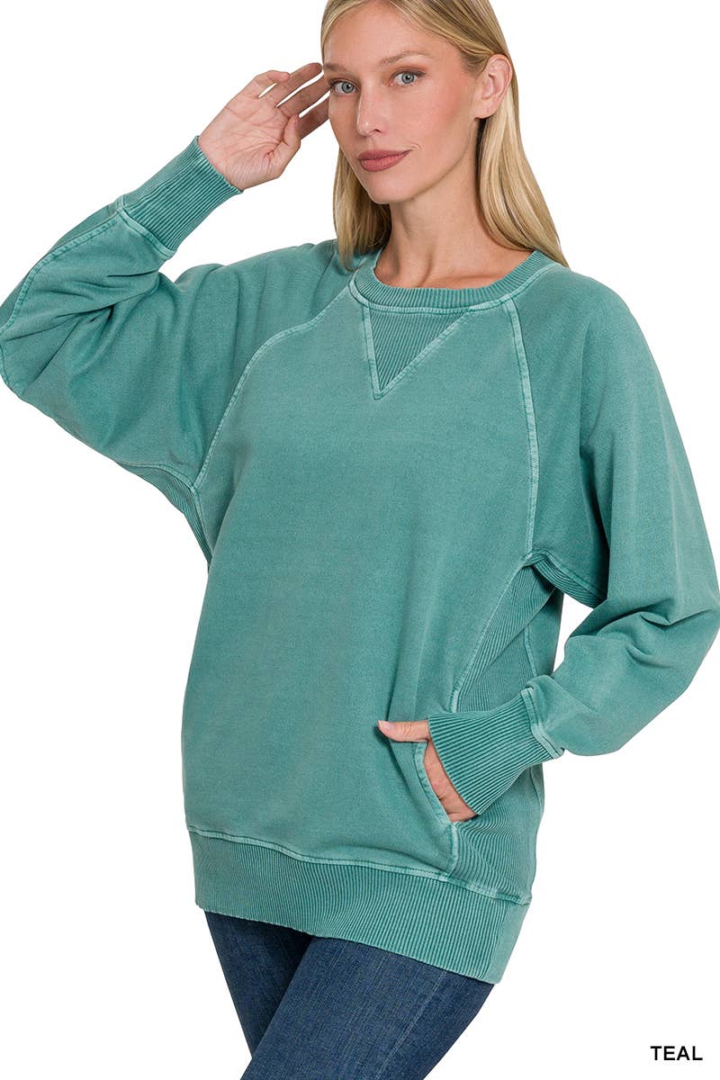 Zenana Washed French Terry Pullover With Side Pockets