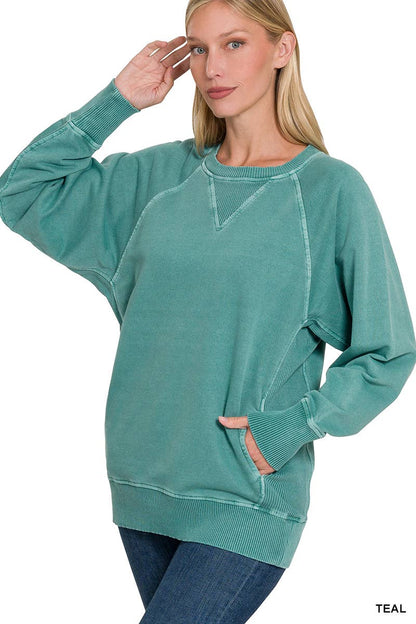 Zenana Washed French Terry Pullover With Side Pockets
