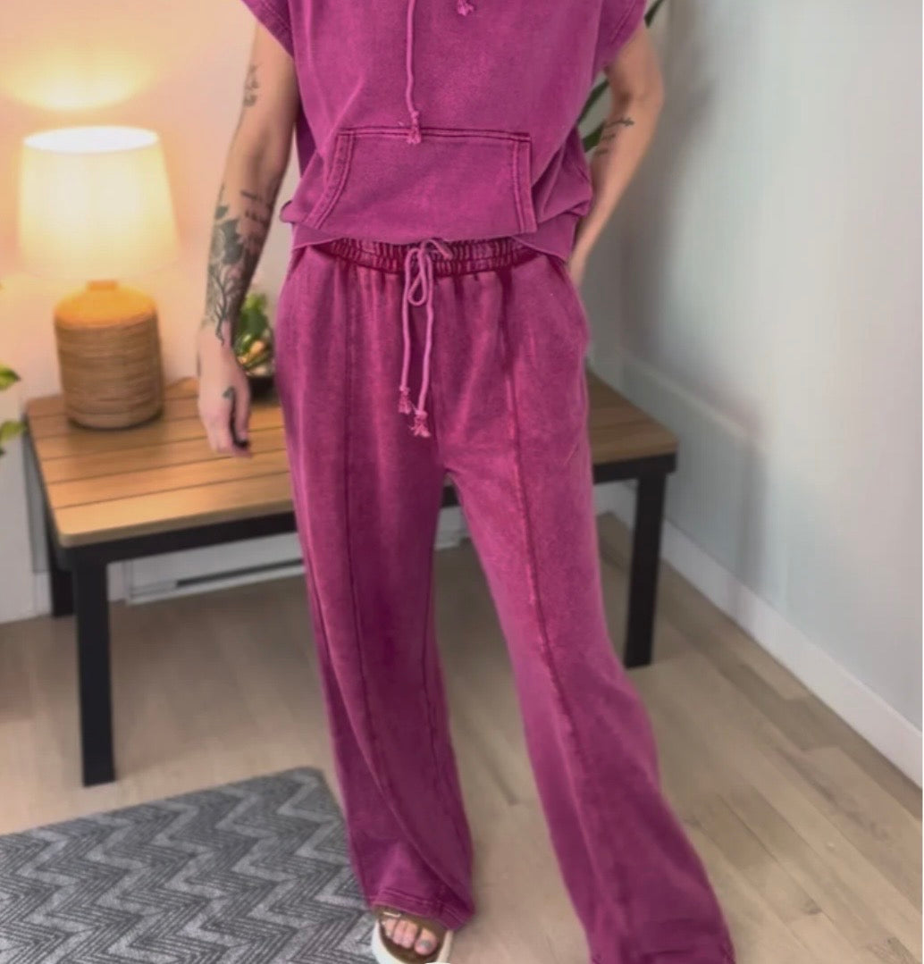 Zenana Washed French Terry Palazza Long Pants With Pockets