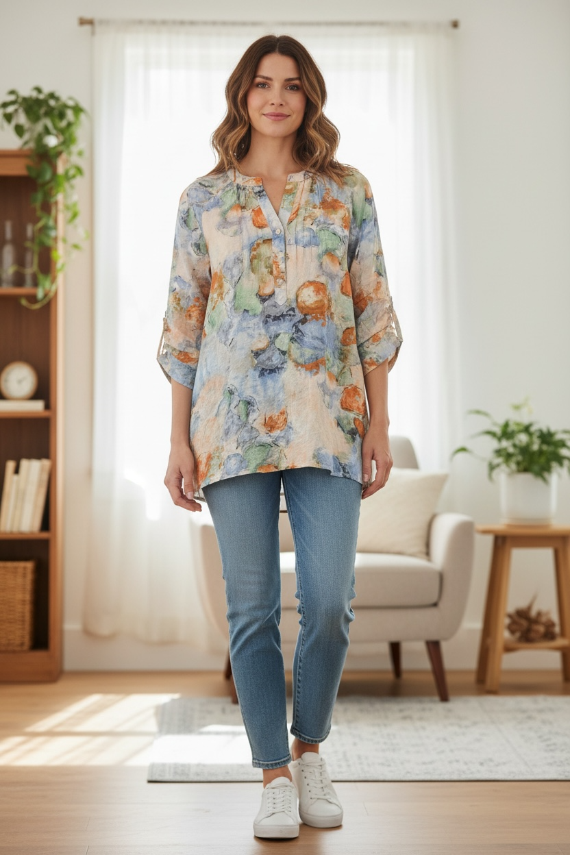 Papa 3/4 Sleeve Summer Top multi coloured