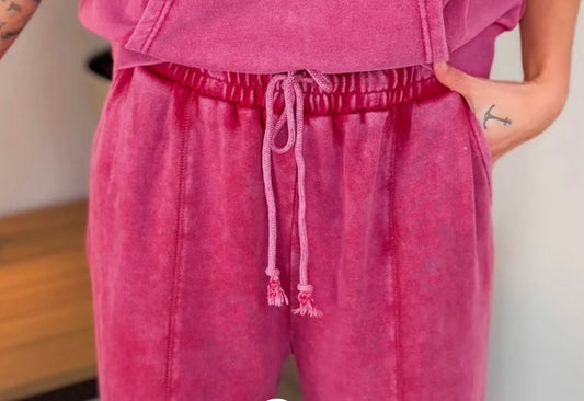 Zenana Washed French Terry Palazza Long Pants With Pockets