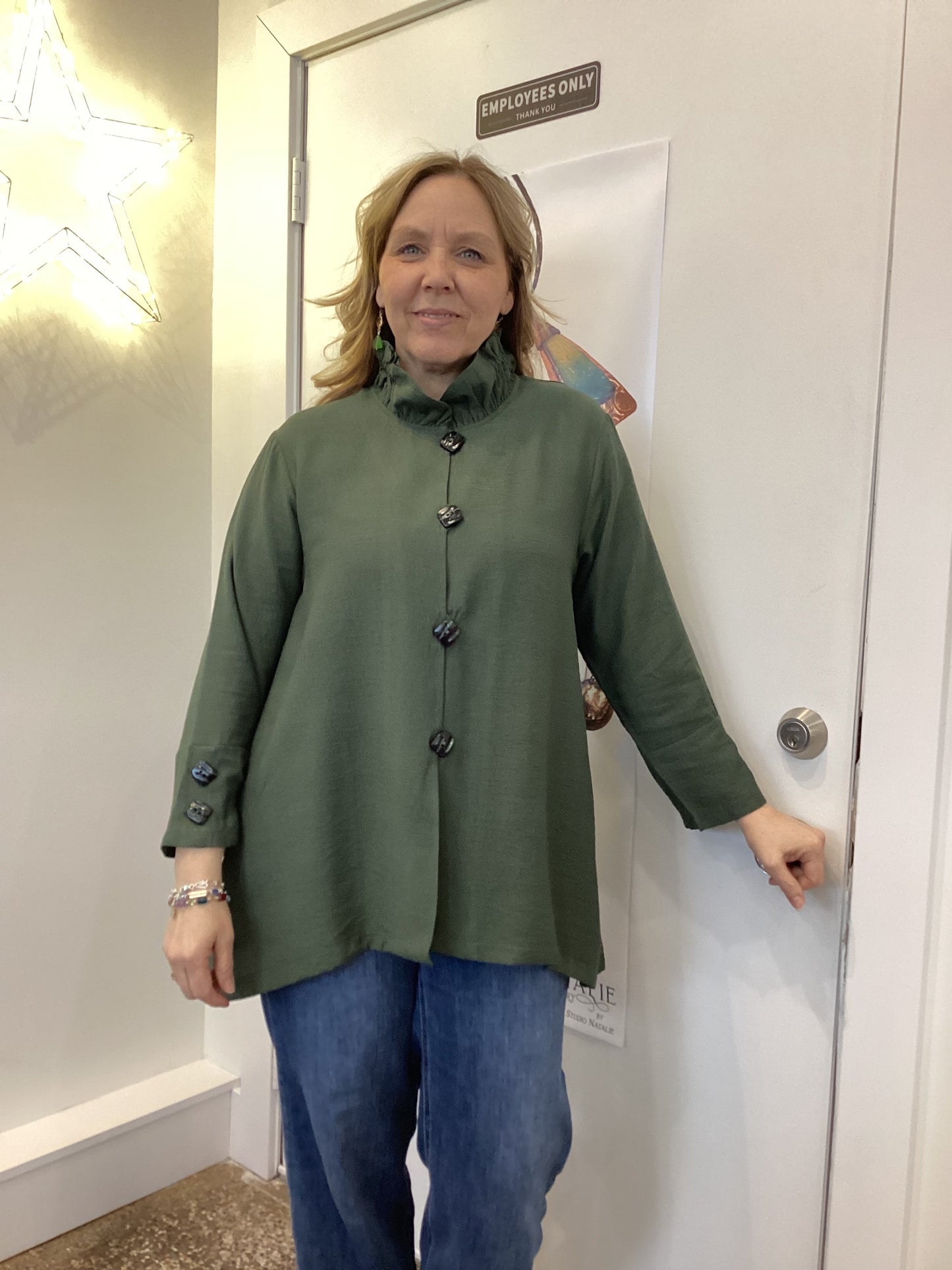 Red Coral ruffle collar blouse olive