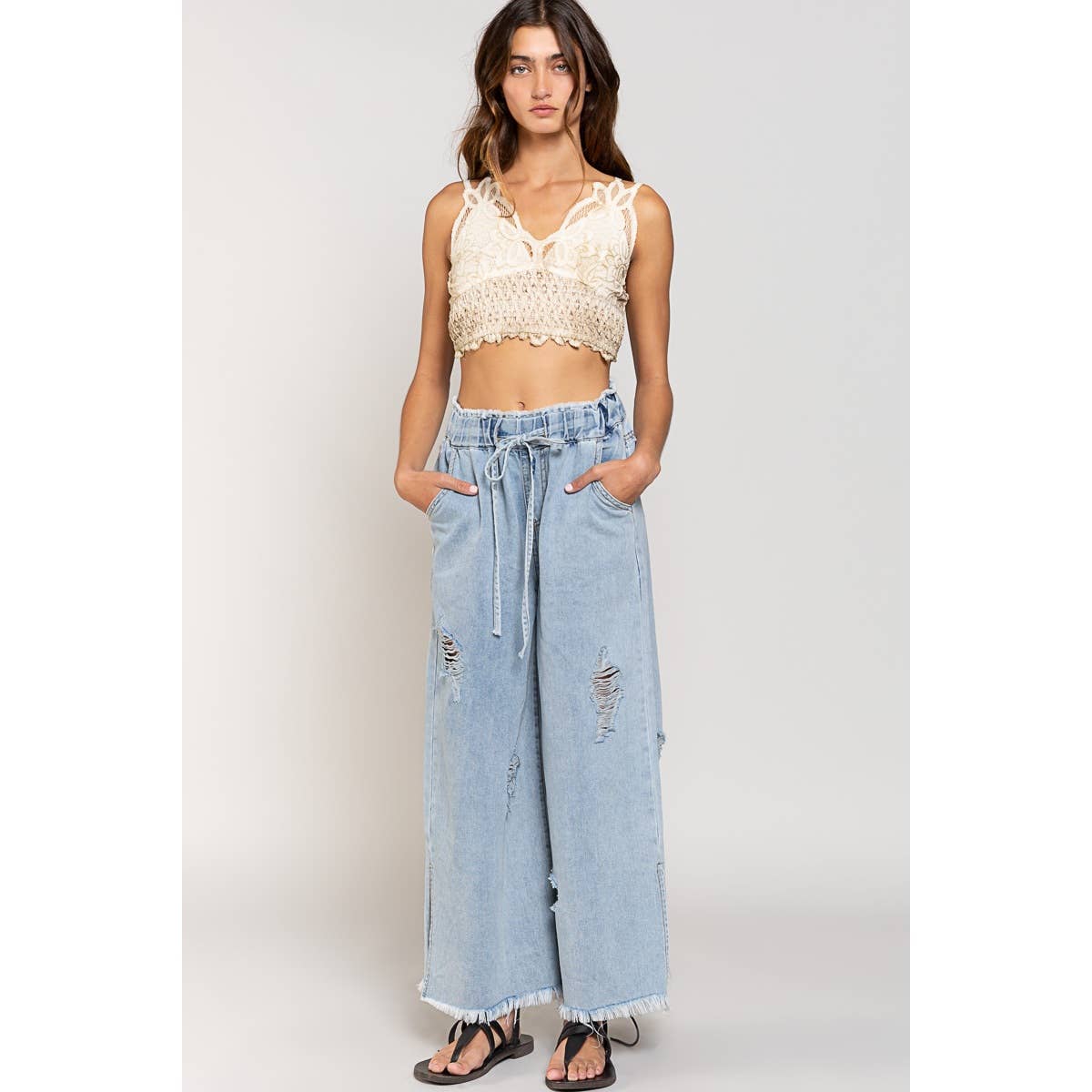 Pol Wide Leg Drawstring Elastic Waist Distressed Denim Pants