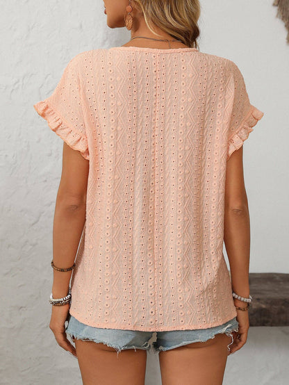 Lovesoft Solid Color Crewneck Sweet Short-Sleeve Hollow-Out Top