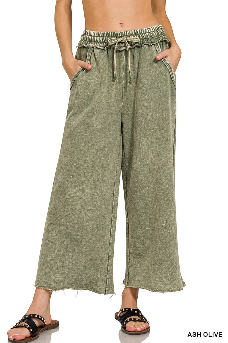 Zenana Washed French Terry Palazzo Pants With Pockets