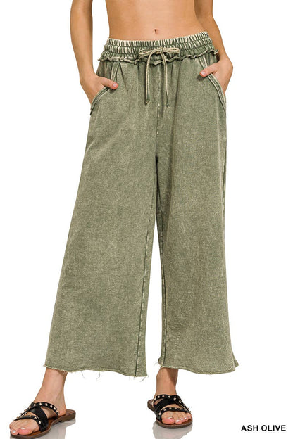 Zenana Washed French Terry Palazzo Pants With Pockets