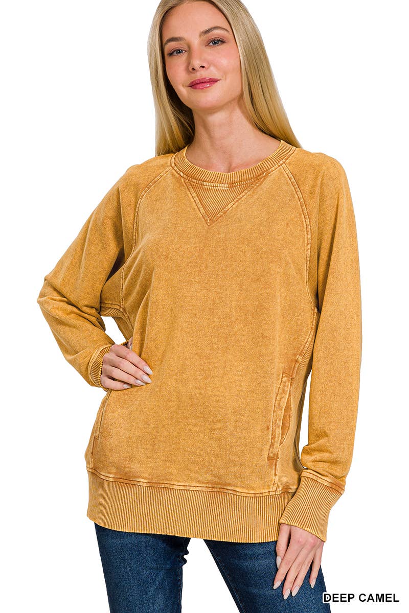 Zenana Washed French Terry Pullover With Side Pockets