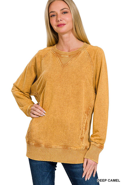 Zenana Washed French Terry Pullover With Side Pockets