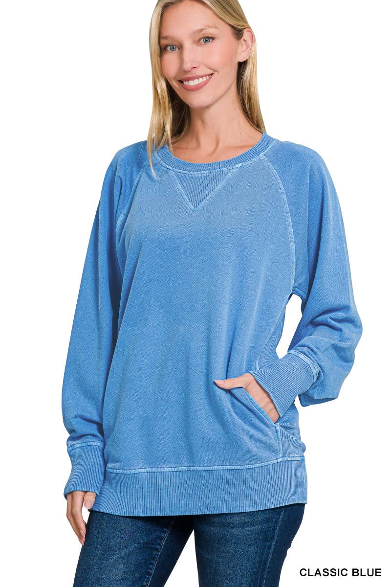 Zenana Washed French Terry Pullover With Side Pockets