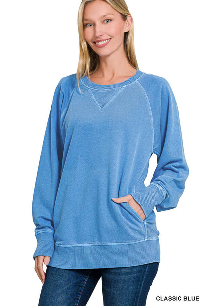 Zenana Washed French Terry Pullover With Side Pockets