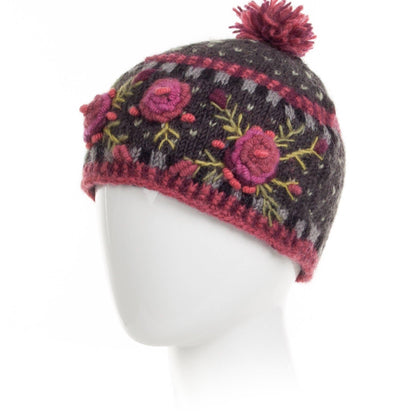 Aubrey Hand Knit Wool Beanie | Embroidered Floral Hat