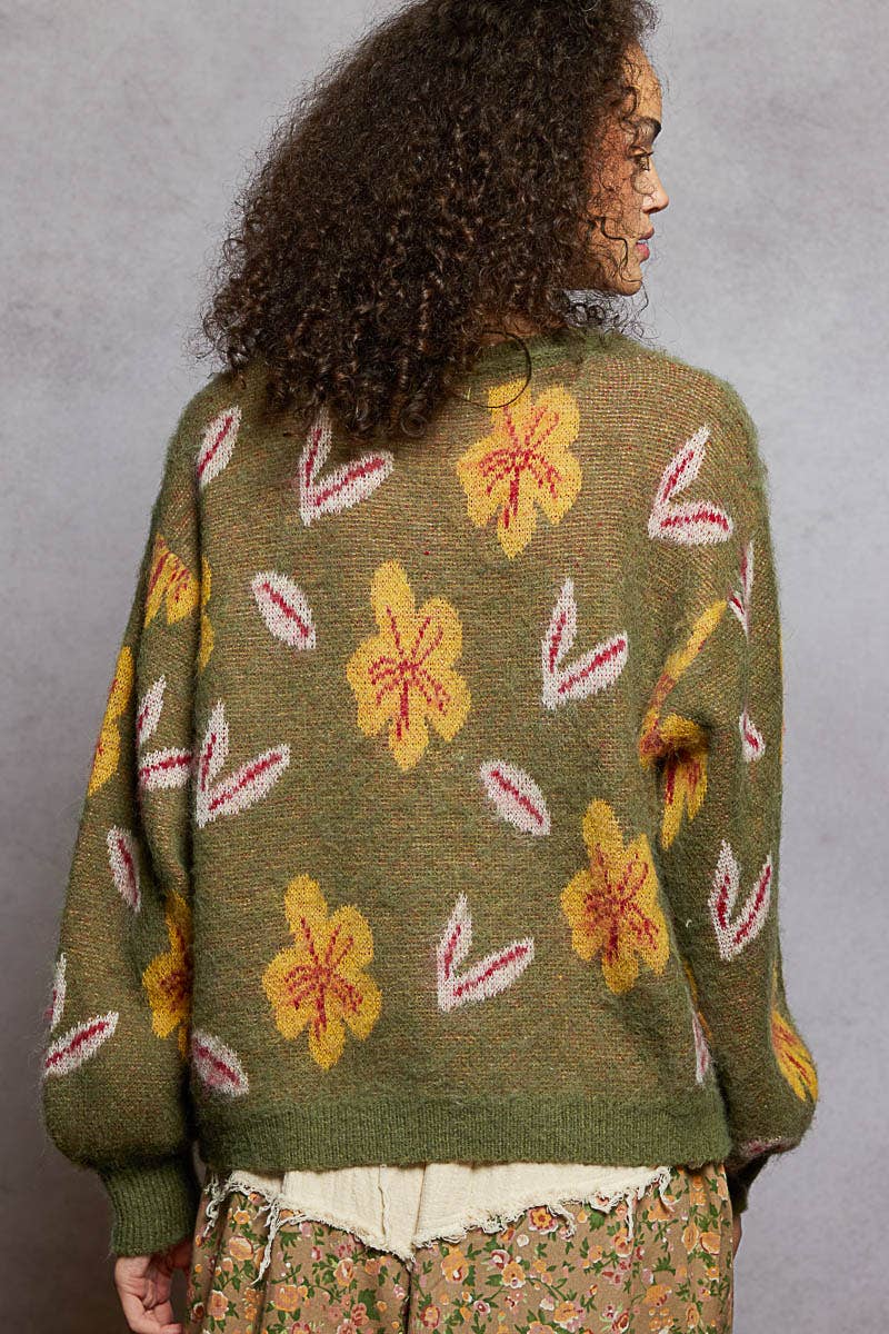 Pol Round neck balloon sleeve floral mohair sweater top