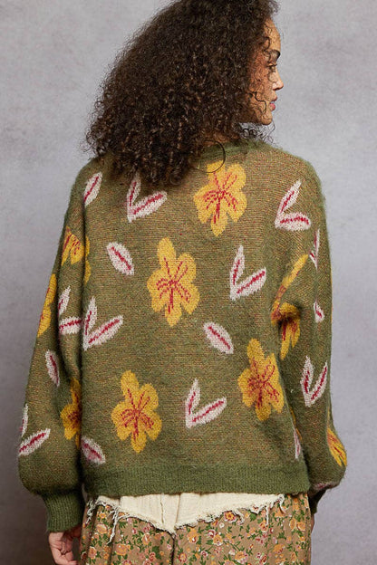 Pol Round neck balloon sleeve floral mohair sweater top