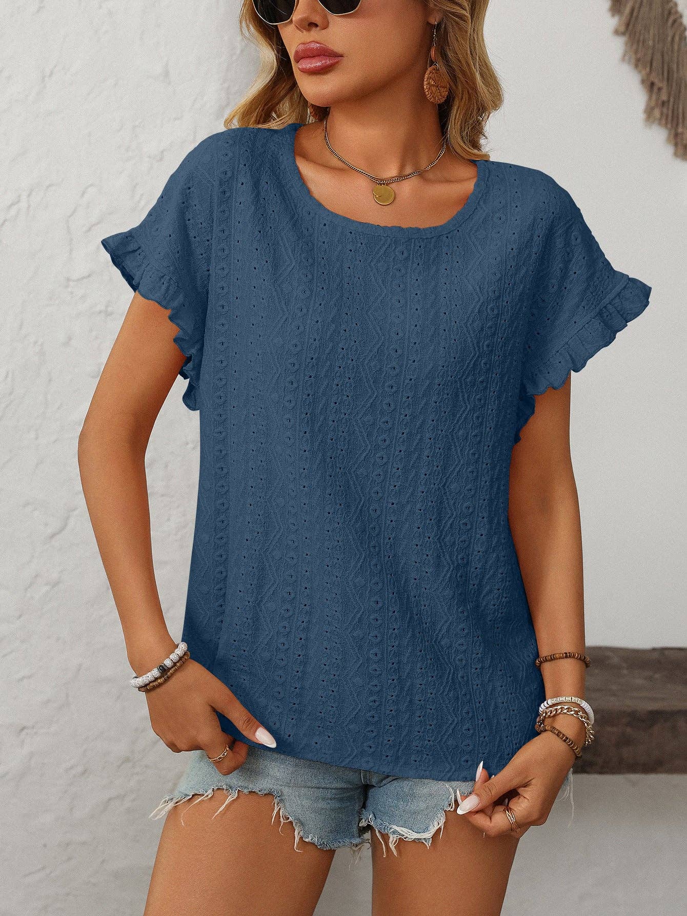 Lovesoft Solid Color Crewneck Sweet Short-Sleeve Hollow-Out Top