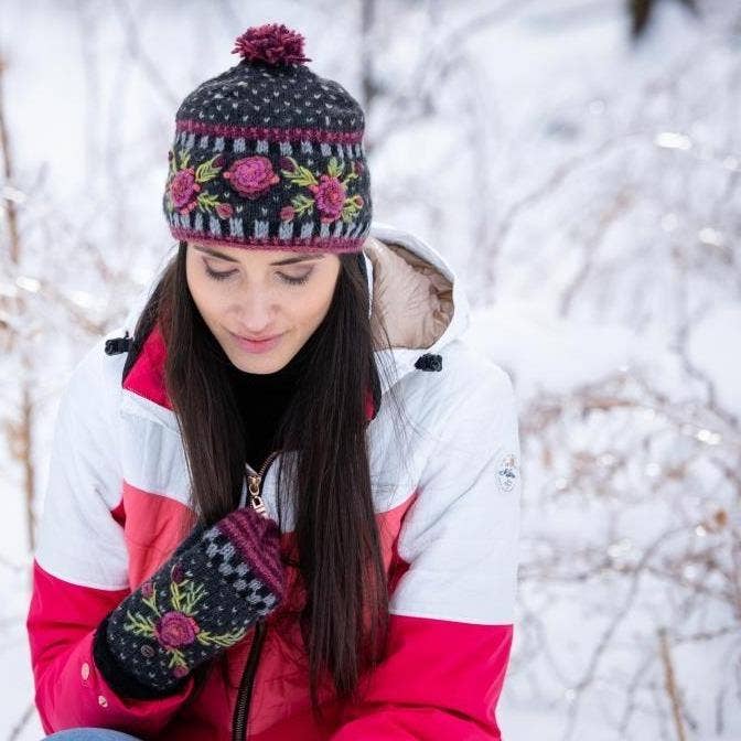 Aubrey Hand Knit Wool Beanie | Embroidered Floral Hat