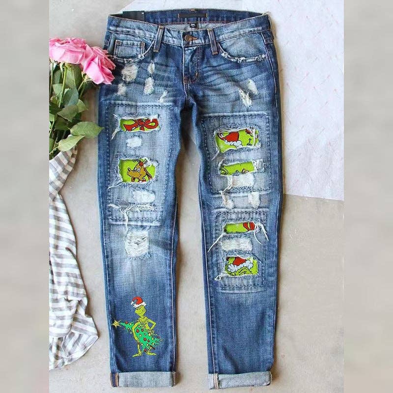 Women’s Distressed Straight Leg Jeans with Grinch